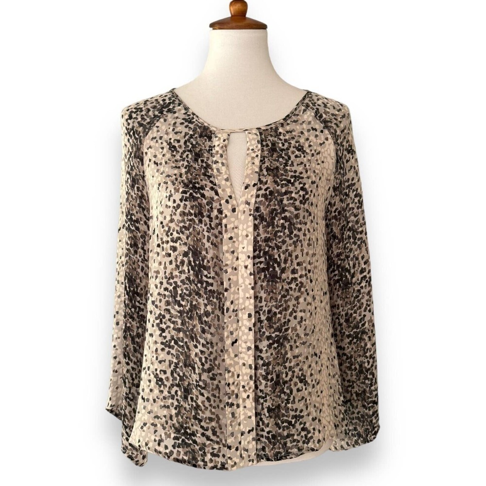 Parker Gray Long Sleeve Keyhole Neck Animal Print Silk Blouse Top Size Small